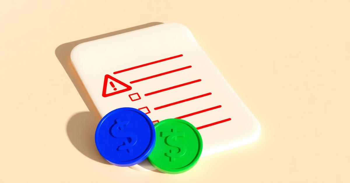 3D illustration of a glossy cream checklist ledger document with a red warning triangle and a small red X, and glossy rounded USDC and USDT stablecoin coins beside it on a warm beige background