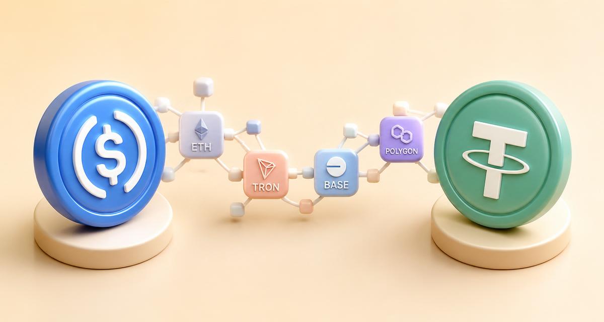 3D illustration of glossy rounded USDC and USDT stablecoin coins linked by a chain of small blockchain-node cubes labeled ETH, TRON, BASE and POLYGON on a warm beige background