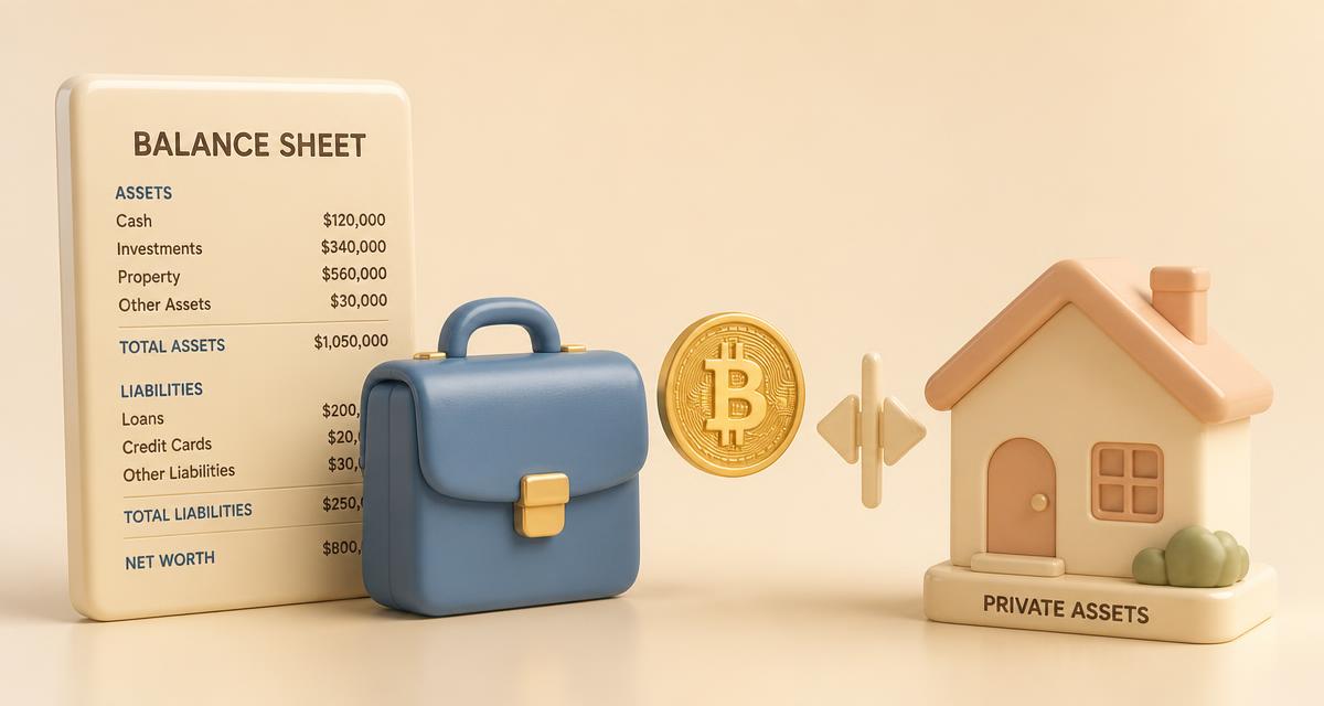 3D-illustratie van een glanzend crèmekleurig balansdocument, een zachtblauwe aktetas, een gouden bitcoin-munt en een klein pastelkleurig huisje gescheiden door een pijl, op een warme beige achtergrond