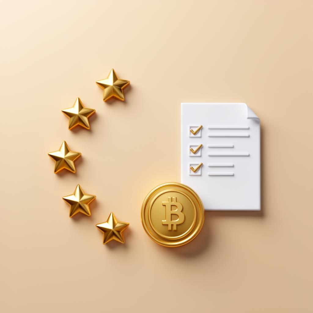 Circle of golden EU stars with a Bitcoin coin and a checklist document on a beige background