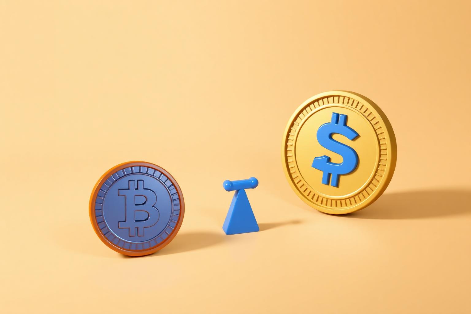 3D illustration of a glossy rounded Bitcoin coin and a USDC stablecoin coin with a small balance symbol between them on a warm beige background