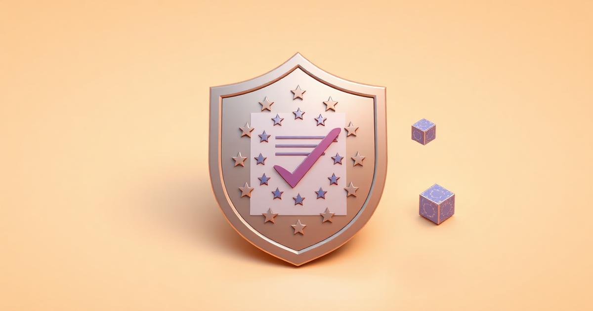 3D-illustratie van een glanzend afgerond schild met EU-sterren, een checklist-document en zwevende blockchain-kubussen op een warme beige achtergrond