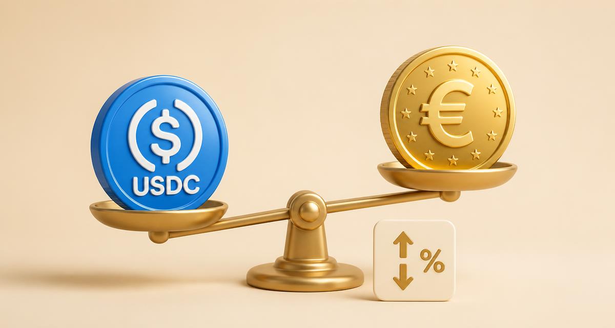 3D illustration of a glossy blue USDC coin and a golden euro coin on a tilted balance scale with a small cream card showing an up-down arrow and a percentage sign, on a warm beige background
