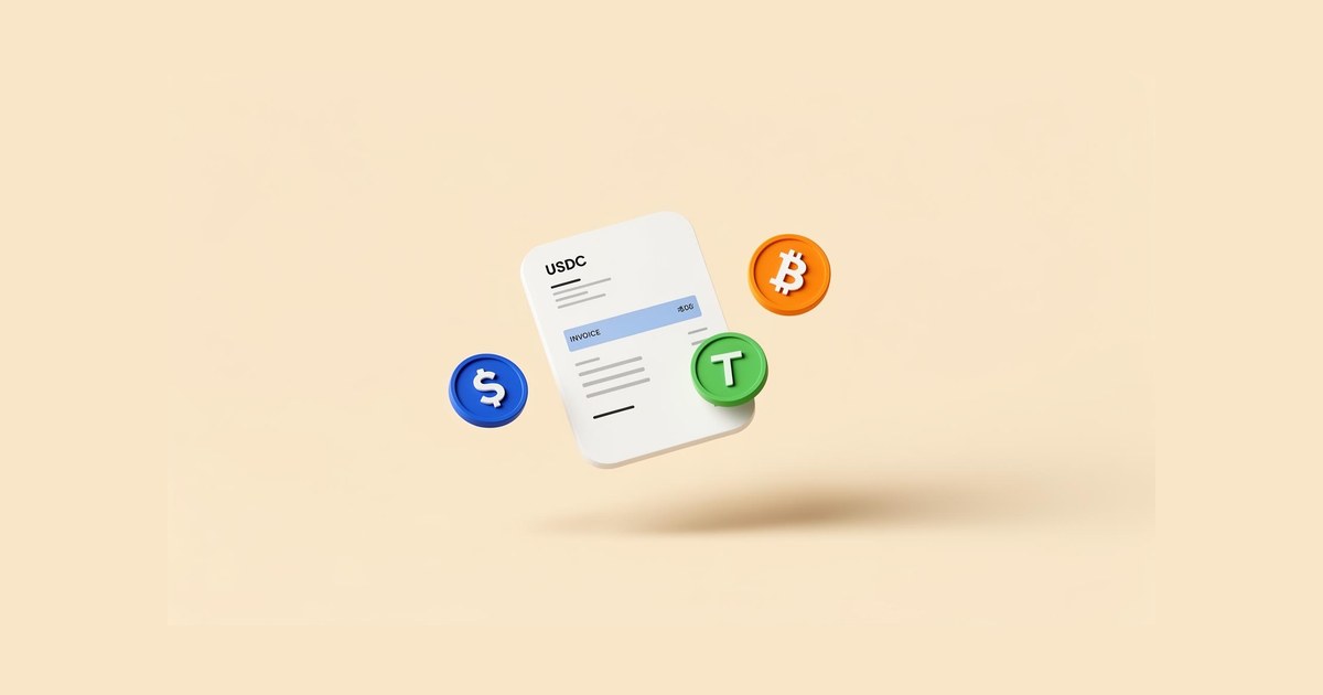 Invoice document with USDC, USDT and Bitcoin coins on a beige background