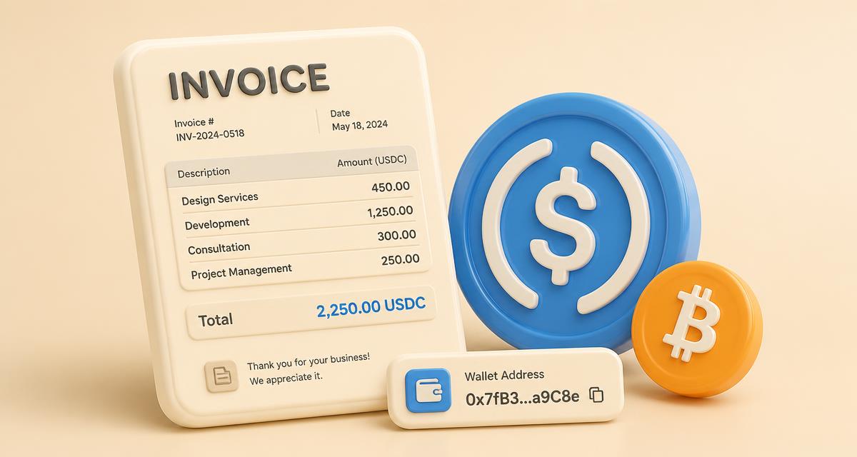 3D illustration of a glossy cream invoice document beside a blue USDC stablecoin coin, an orange bitcoin coin and a small wallet address tag on a warm beige background