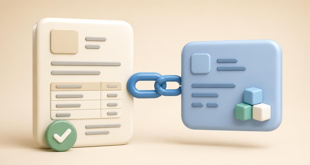 3D-illustratie van een glanzend crèmekleurig factuurdocument dat via een blauwe kettingschakel verbonden is met een zachtblauwe transactiekaart met kubusjes en een groen vinkje, op een warme beige achtergrond
