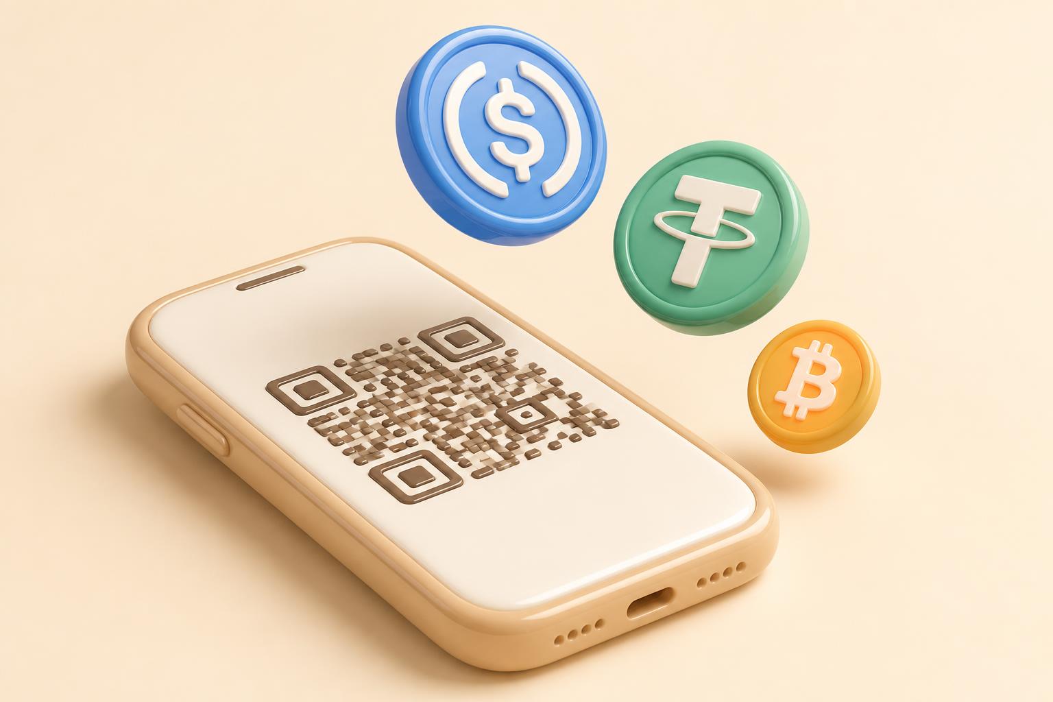 3D-illustratie van een glanzende afgeronde smartphone met een QR-code en USDC-, USDT- en Bitcoin-munten ernaast op een warme beige achtergrond