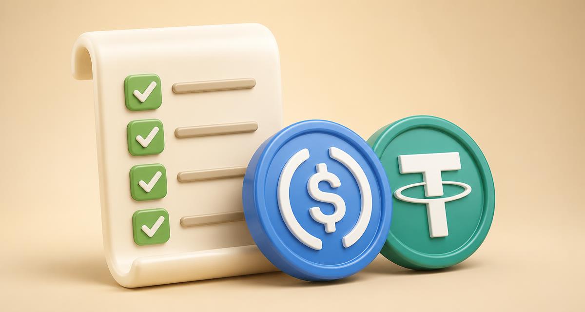3D illustration of a glossy cream checklist document with green checkmarks beside glossy rounded USDC and USDT stablecoin coins on a warm beige background