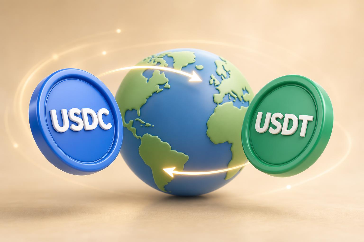 3D illustration of USDC and USDT stablecoin tokens orbiting a small globe on a warm beige background