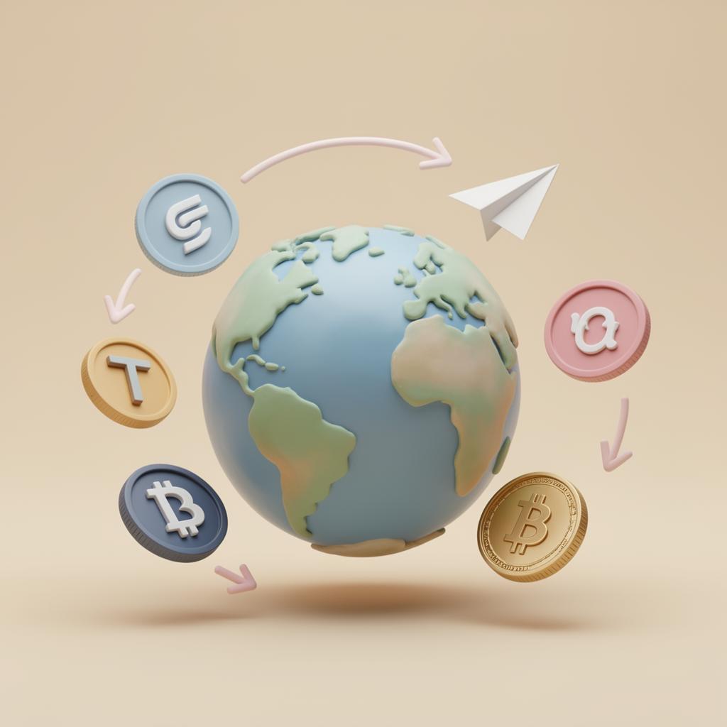 3D illustration of planet Earth with stablecoin and Bitcoin coins, arrows and a paper plane on a beige background