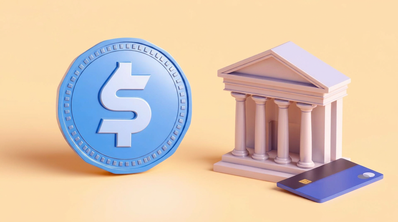 3D-illustratie van een glanzend afgeronde USDC-stablecoin-munt naast een klein glanzend bankgebouw-icoon en een creditcard op een warme beige achtergrond