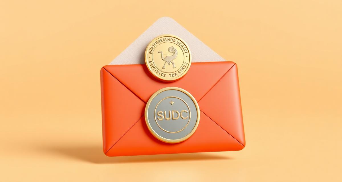 3D illustration of a glossy orange envelope with a USDC stablecoin and a small euro coin on a warm beige background