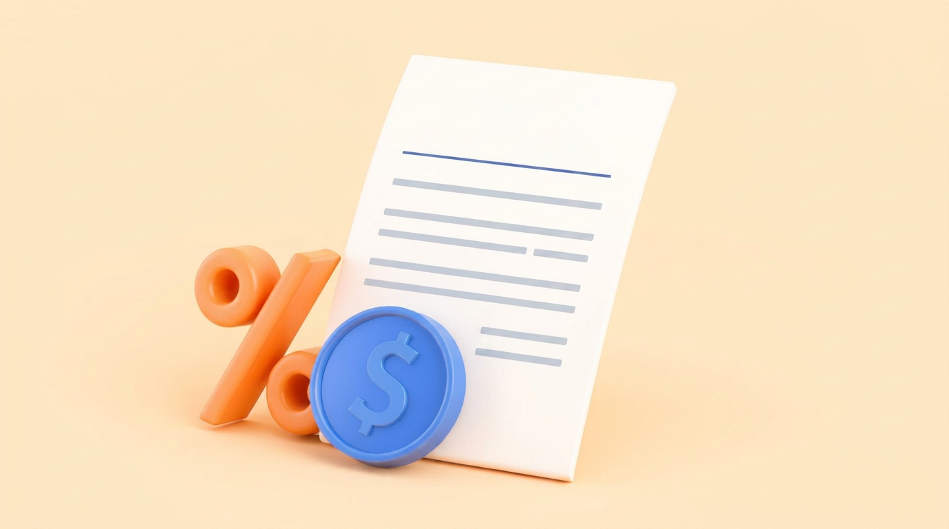 3D illustration of a cream invoice document with a glossy orange percent symbol and a blue USDC stablecoin coin on a warm beige background