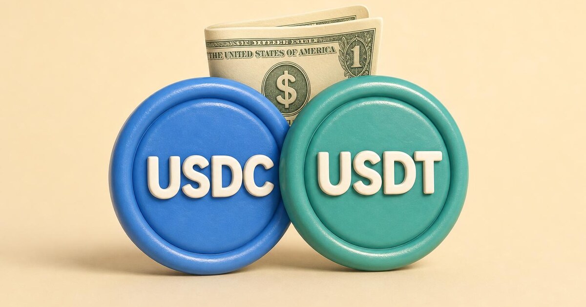 USDC and USDT stablecoins with a US dollar bill on a beige background
