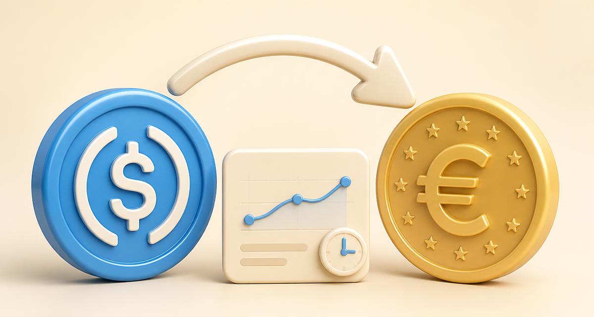 3D-illustratie van een glanzende blauwe USDC-stablecoin-munt en een gouden euromunt verbonden door een gebogen pijl, met een klein crèmekleurig koerskaartje en een klokje, op een warme beige achtergrond