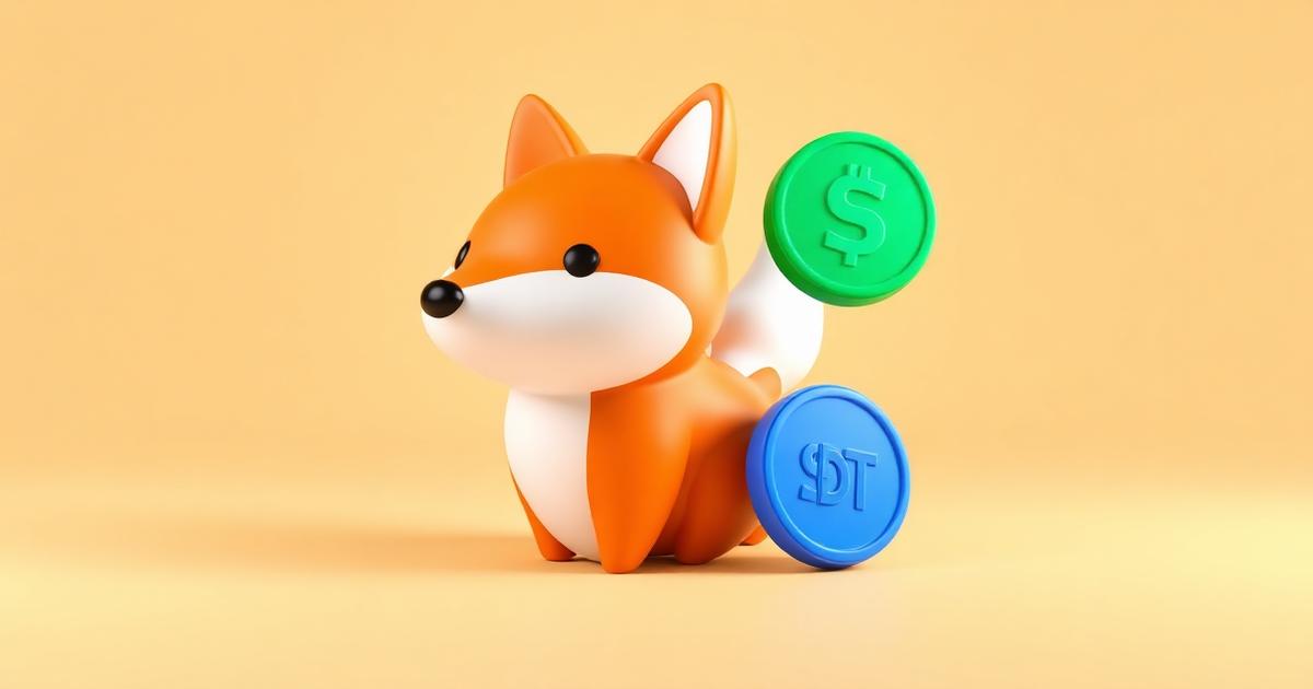 3D illustration of a glossy rounded MetaMask-style fox wallet icon with USDC and USDT stablecoin coins on a warm beige background