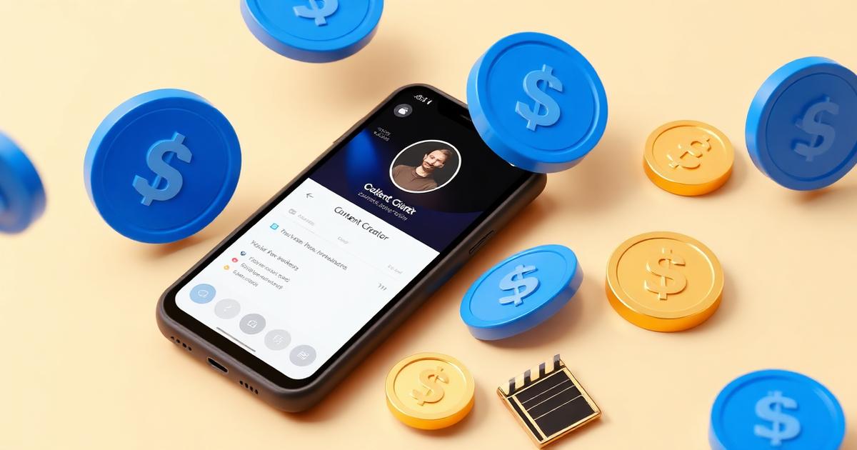 3D illustration of a glossy rounded smartphone showing a content creator profile, surrounded by floating glossy blue USDC stablecoin coins, a small golden euro coin, a soft cream wallet card and a tiny clapperboard, on a warm beige background