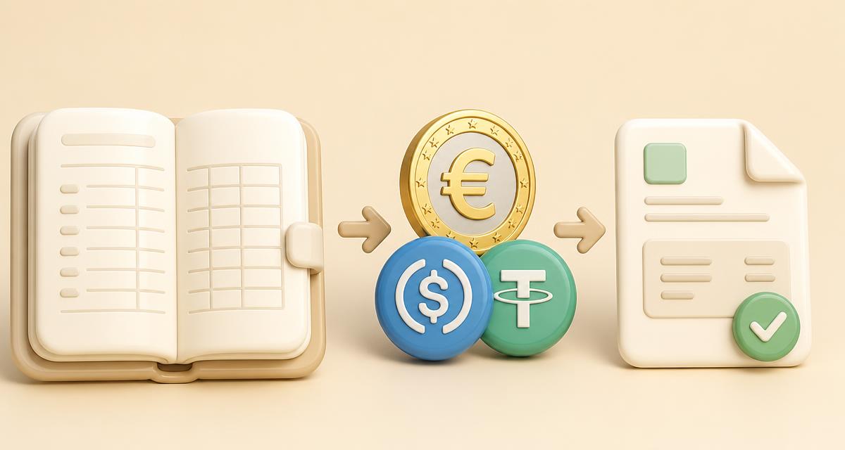 3D illustration of a glossy cream ledger book, a euro coin with rounded USDC and USDT stablecoin tokens, and an invoice document with a green checkmark on a warm beige background